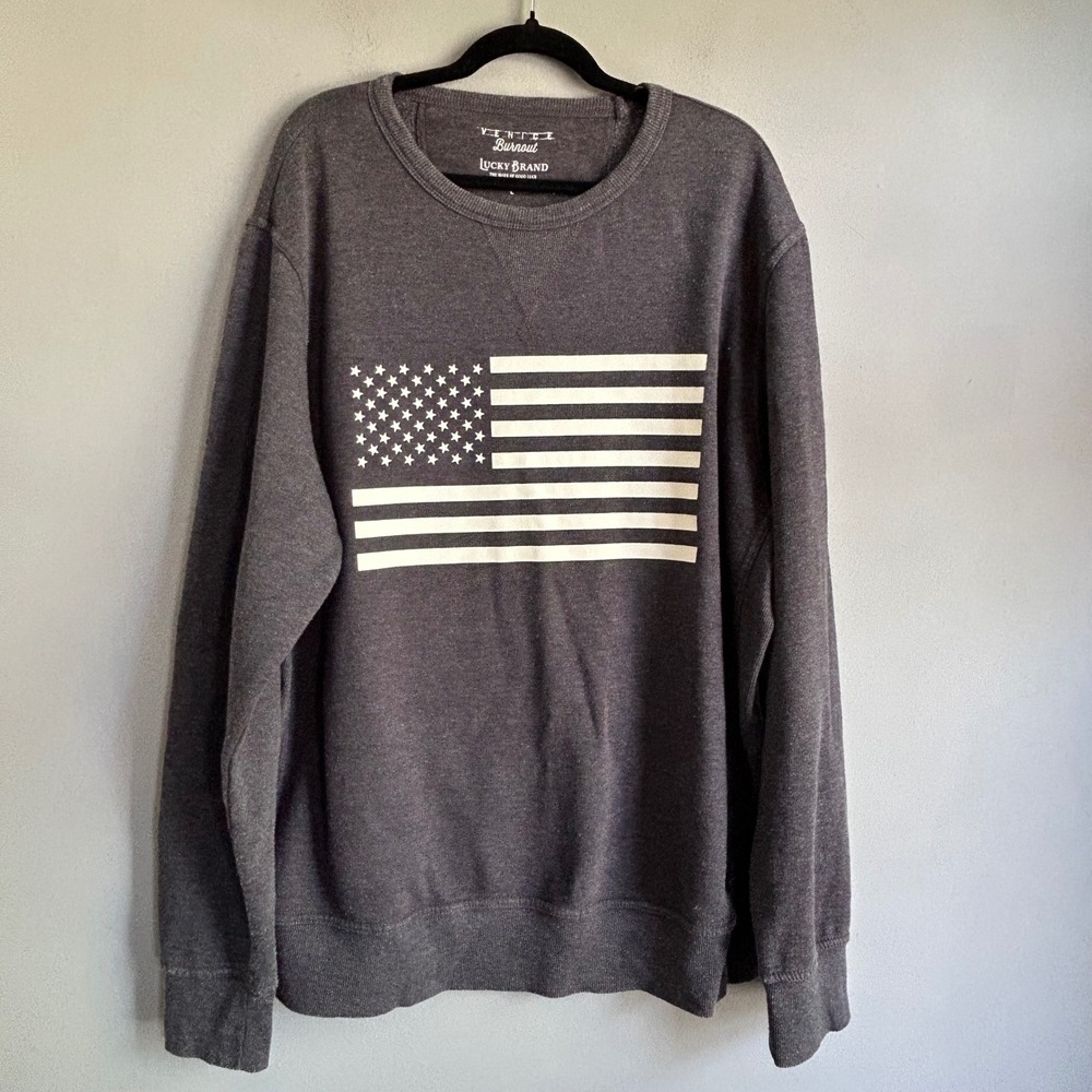Lucky Brand Venice Burnout Mens Gray American Flag Graphic Sweatshirt Large